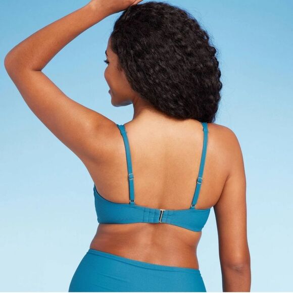 Shade & Shore 36C Blue Shirred Ribbed Bandeau Bikini Swim Underwire Top - Picture 6 of 11